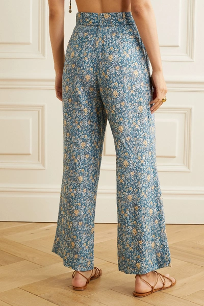Shop Zimmermann Carnaby Belted Cropped Floral-print Linen Flared Pants In Light Blue