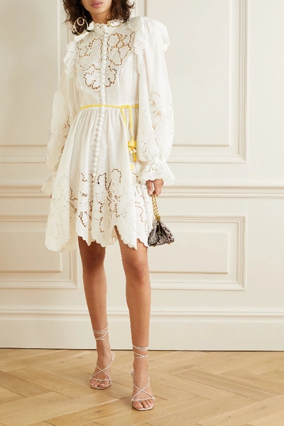 Shop Zimmermann Carnaby Belted Ruffled Broderie Anglaise-trimmed Linen Mini Dress In Ivory