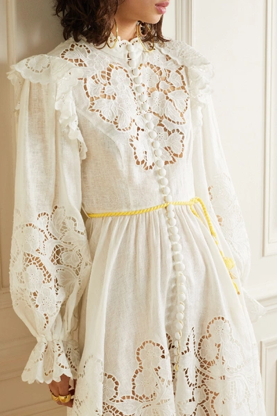 Shop Zimmermann Carnaby Belted Ruffled Broderie Anglaise-trimmed Linen Mini Dress In Ivory