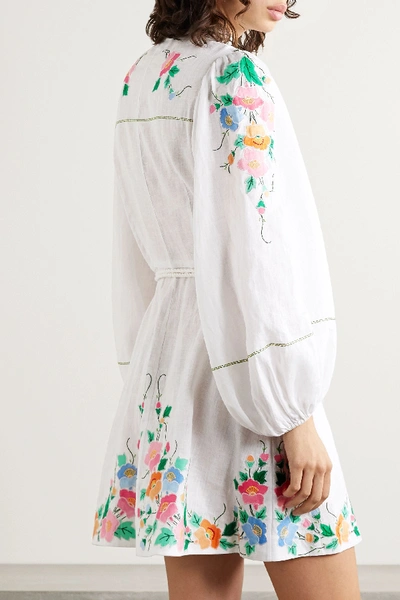 Shop Zimmermann Fiesta Belted Embroidered Linen Mini Dress In Ivory