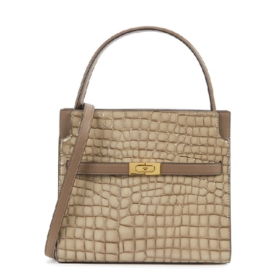 Shop Tory Burch Lee Radziwill Small Double Taupe Leather Top Handle Bag In Beige