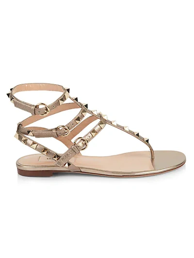 Shop Valentino Metallic Leather Rockstud Gladiator Sandals In Skin