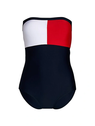 Shop Tommy Hilfiger Bandeau Tommy Flag One-piece Swimsuit In Navy