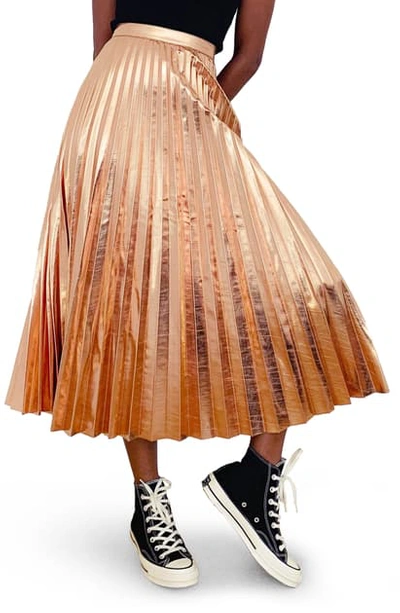 Shop Topshop Pleated Metallic Faux Leather Midi Skirt In Rose Gold