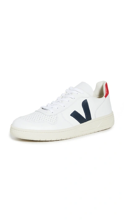 Shop Veja V-10 Leather Sneakers Extra White/nautico/pekin