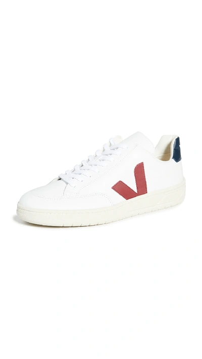 Veja V-12 Leather Sneakers In Extra White/marsala/nautico