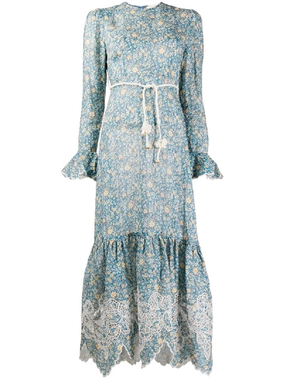 Shop Zimmermann Carnaby Frill Floral Print Midi Dress In Blue