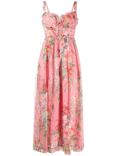 Shop Zimmermann Floral Print Ruffle Trim Jumpsuit In Pink