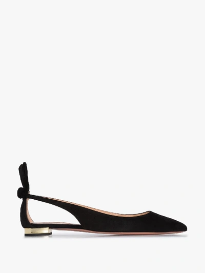 Shop Aquazzura Black Bow Tie Suede Ballet Pumps