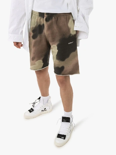 Shop Off-white Green Camouflage Stencil Print Cotton Track Shorts