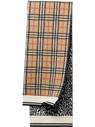 Shop Burberry Check And Leopard Print Scarf In Neutrals