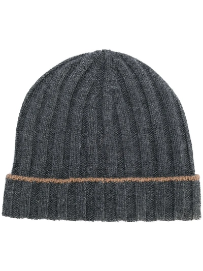 Shop Brunello Cucinelli Pleated Striped Beanie In Grey