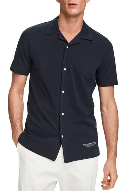 Shop Scotch & Soda Slim Fit Short Sleeve Cotton Pique Button-up Shirt In Night
