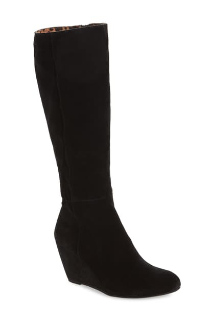 black suede wedge knee high boots