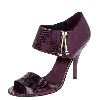 Pre-owned Gucci Purple Python Embossed Leather Open Toe Zip Sandals Size 38