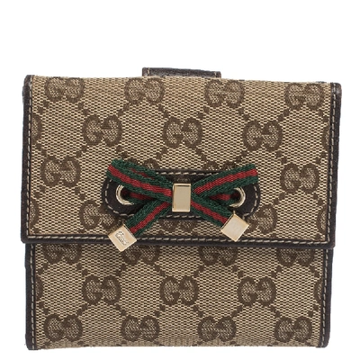 Pre-owned Gucci Beige/brown Gg Canvas Mayfair Bow Flap Compact Wallet