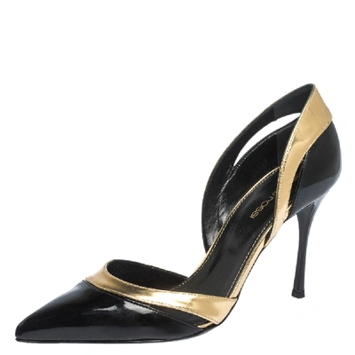 Pre-owned Sergio Rossi Black Patent And Gold Leather Pointed Toe D'orsay Pumps Size 38.5