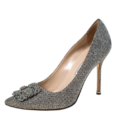 Pre-owned Manolo Blahnik Silver Glitter Fabric Hangisi Crystal Embellished Pumps Size 39.5