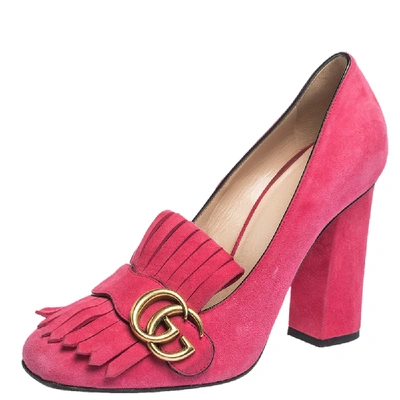 Pre-owned Gucci Pink Suede Leather Gg Marmont Fringe Detail Block Heel Pumps Size 38