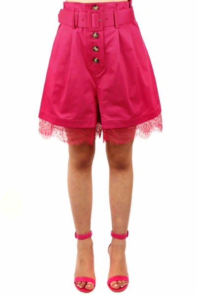 Shop Self-portrait Fuchsia Cotton Shorts With Lace Detail