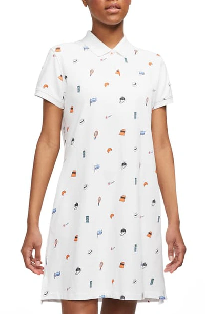 Shop Nike Dri-fit Print Polo Dress In White/ Brilliant Orange