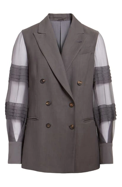 Shop Brunello Cucinelli Pintuck Monili Sleeve Double Breasted Blazer In Gray