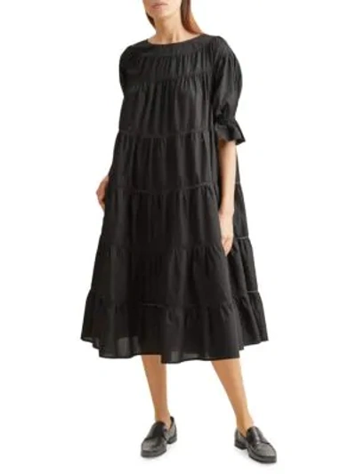 Shop Merlette Paradis Puff-sleeve Cotton Trapeze Dress In Black