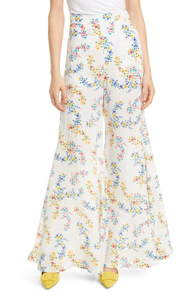 Shop All Things Mochi Coco Floral Print Silk Crepe Flare Pants In White Floral