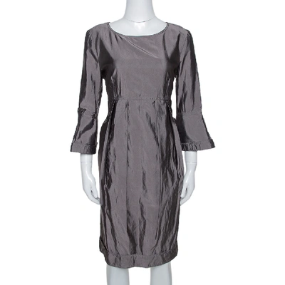 Pre-owned Burberry Metallic Taupe Silk Blend Pleated Midi Dress L
