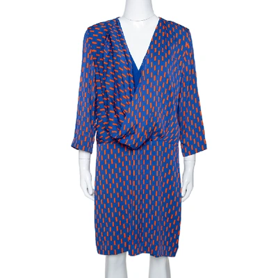 Pre-owned Diane Von Furstenberg Blue Printed Stretch Silk Rachel Short Dress L