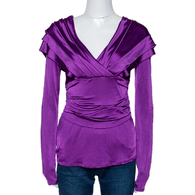 Pre-owned Dior Christian  Jersey Pleated Crossover Long Sleeve Top M In Purple