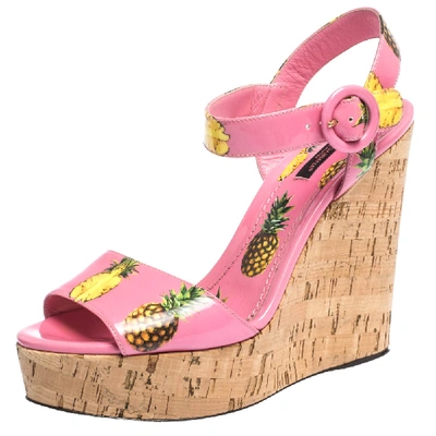 Pre-owned Dolce & Gabbana Pink Patent Pineapple Print Cork Platform Wedge Sandals Size 39