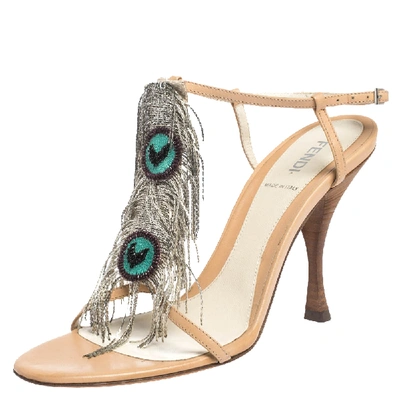 Pre-owned Fendi Beige Leather Metal Peacock Feather T Strap Sandals Size 38