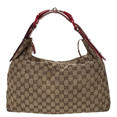 Pre-owned Gucci Red/beige Gg Canvas And Leather Medium Horsebit Hobo
