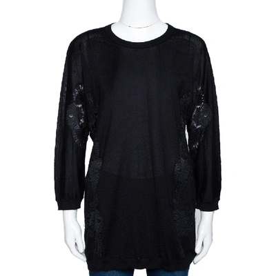 Pre-owned Dolce & Gabbana Black Cashmere Silk Lace Trim Long Sleeve Top L