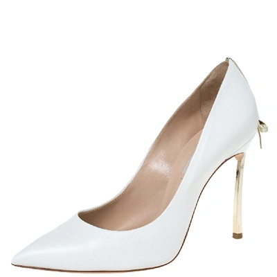 Pre-owned Casadei White Leather Bow Embellished Pointed Toe Pumps Size 37