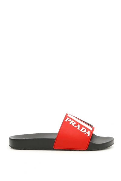 Shop Prada Poolside Slides In Red,white,black