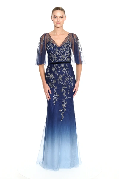 Shop Marchesa Notte Cape Sleeve Embroidered Ombre Tulle Evening Gown