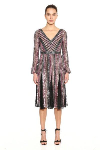 Shop Marchesa Notte Long Sleeve Striped Sequin Cocktail Dress