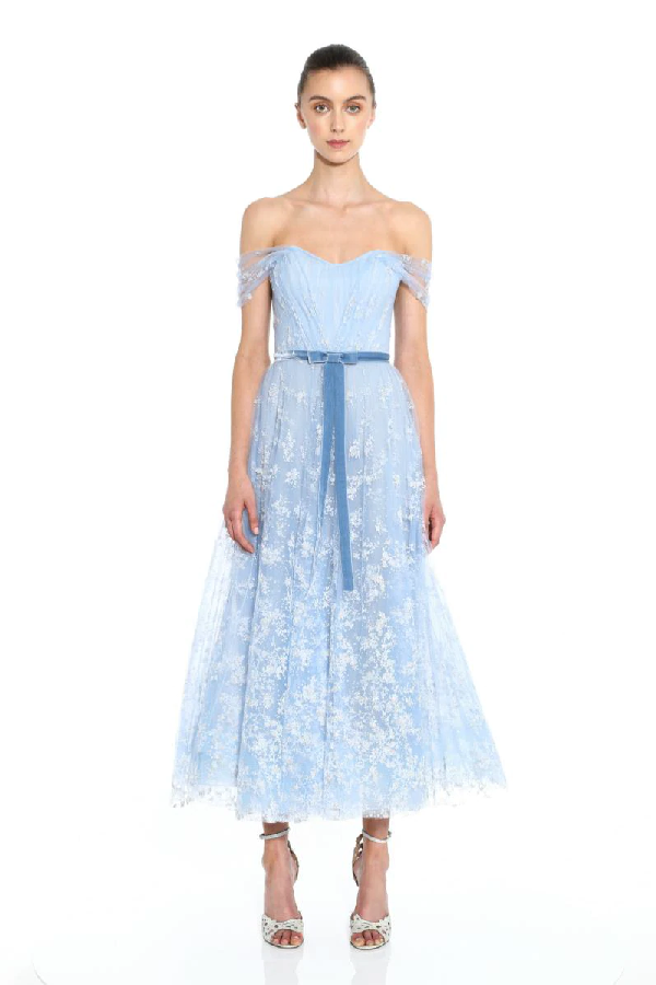 Marchesa Notte Glitter Tulle Off Shoulder Midi Gown In Blue Modesens