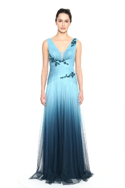 Shop Marchesa Notte Sleeveless Draped Ombre Tulle Evening Gown