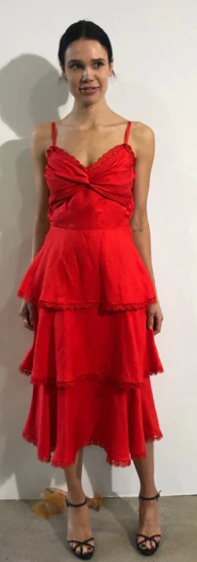 Shop Marchesa Notte Sleeveless Printed Linen 3-tiered Midi Dress