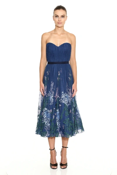 Shop Marchesa Notte Strapless Embroidered Tulle Midi Dress