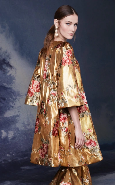 Shop Marchesa Strapless Lurex Floral Jacquard Gown With Overcoat