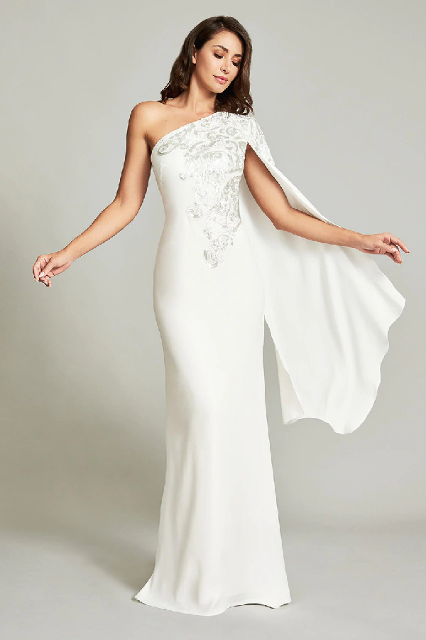 tadashi shoji one shoulder crepe gown