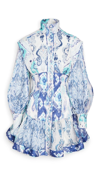 Shop Zimmermann Glassy Long Sleeve Mini Dress In Spliced Blue Ikat
