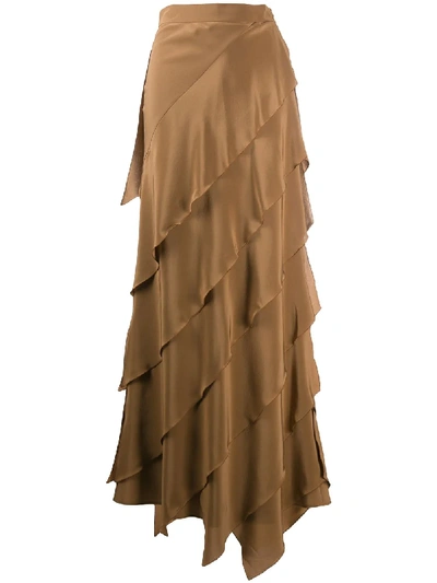 Shop Max Mara Asymmetric Ruffled Maxi Skirt In Brown