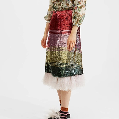 La Doublej Feather-trim Sequin Skirt In Multicolor Oro