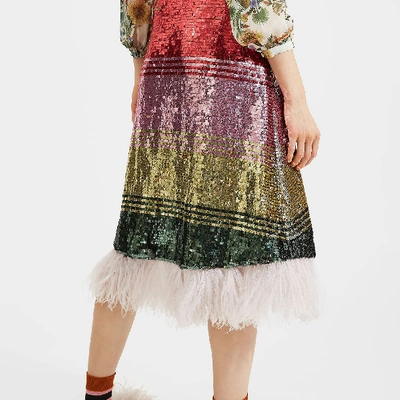 La Doublej Feather-trim Sequin Skirt In Multicolor Oro