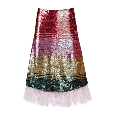 La Doublej Feather-trim Sequin Skirt In Multicolor Oro